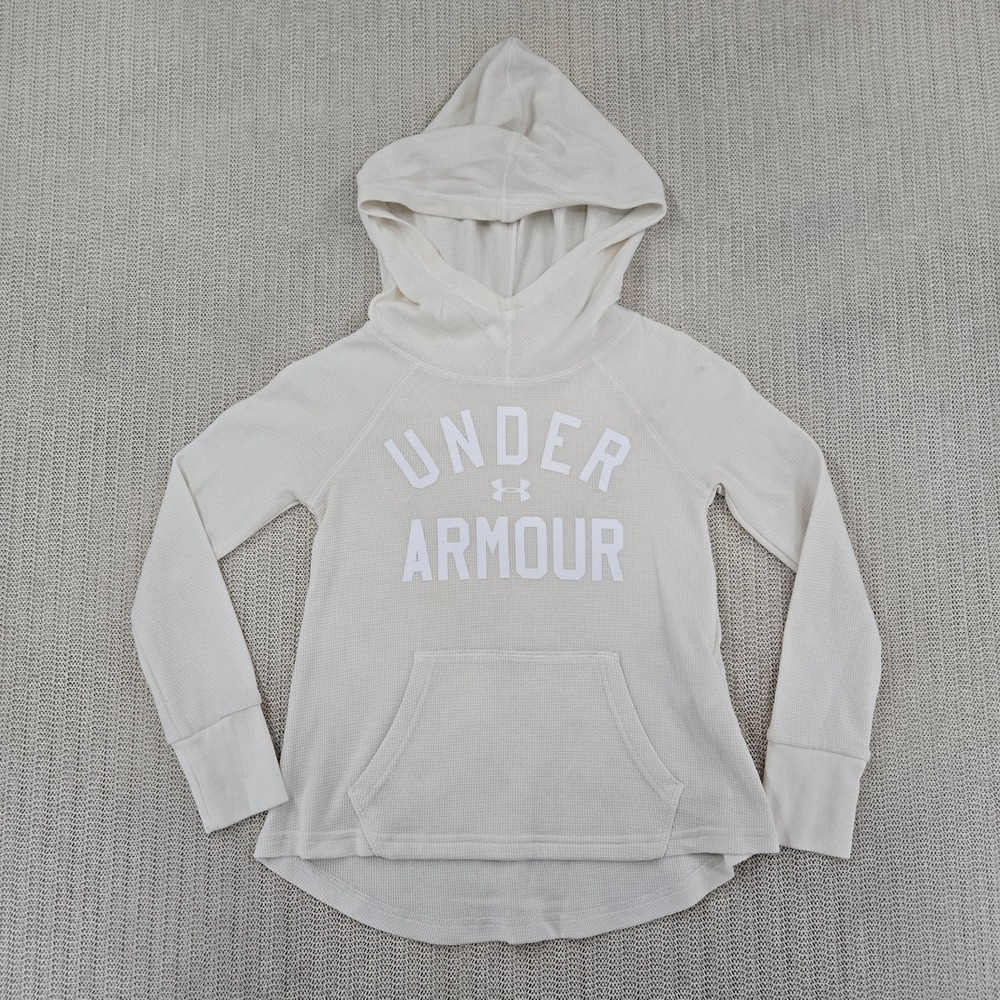 Under Armour Hoodie Sweatshirt Youth Small White Waffle Knit Thermal Relaxed